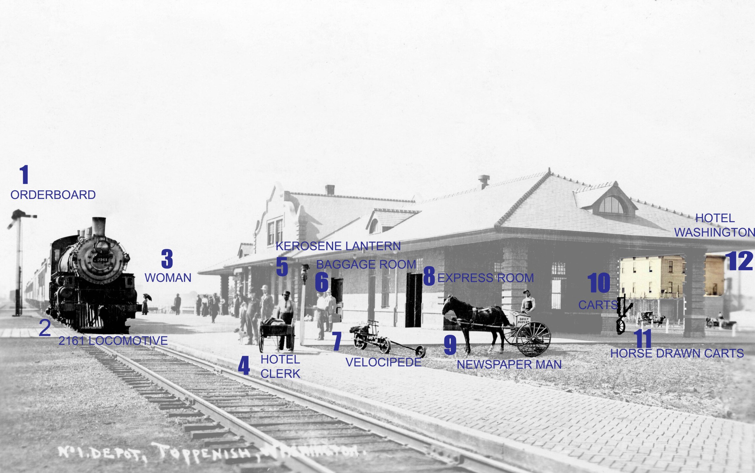 Toppenish Depot 1912 with numbered descriptors overlaid into photograph