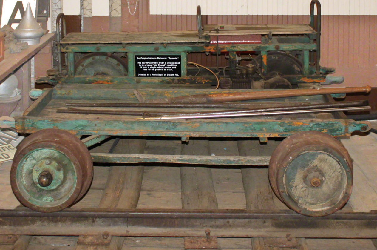 Our Mudge Adams Motocar, a lightweight maintenance vehicle on display at Northern Pacific Railway Museum