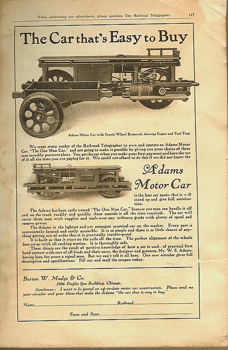 Adams Motorcar, a light weight maintenance vehicle, advertisement.